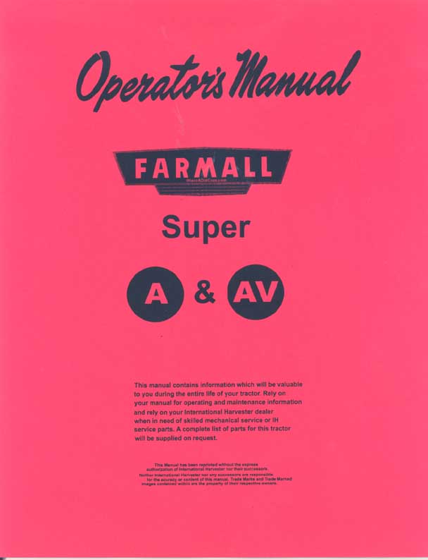 Farmall Super A & AV Operators Manual PRINT - Click Image to Close